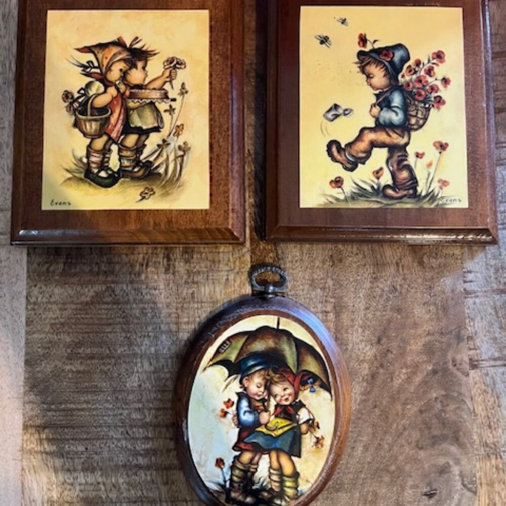 Vintage Hummel-style decorative prints and plaque's